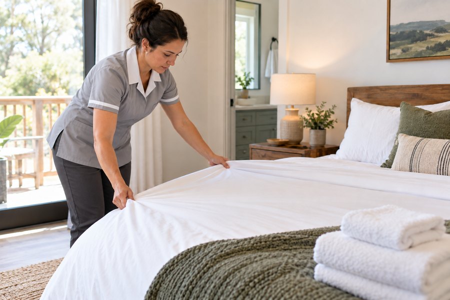 AI-generated demonstration of a professional cleaner preparing a guest bed