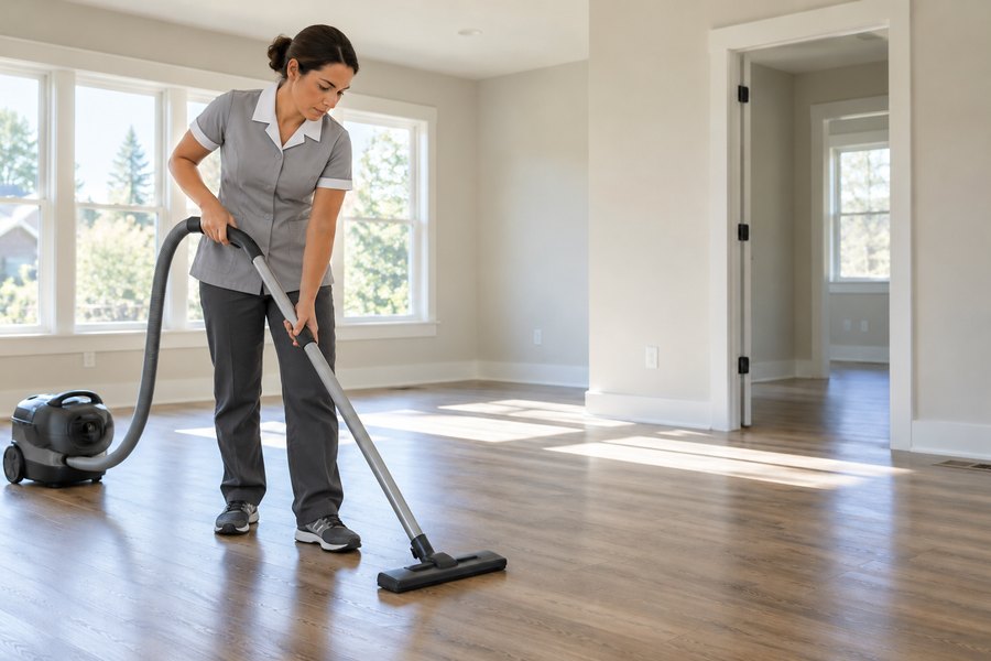 AI-generated demonstration of a professional cleaner vacuuming an empty home